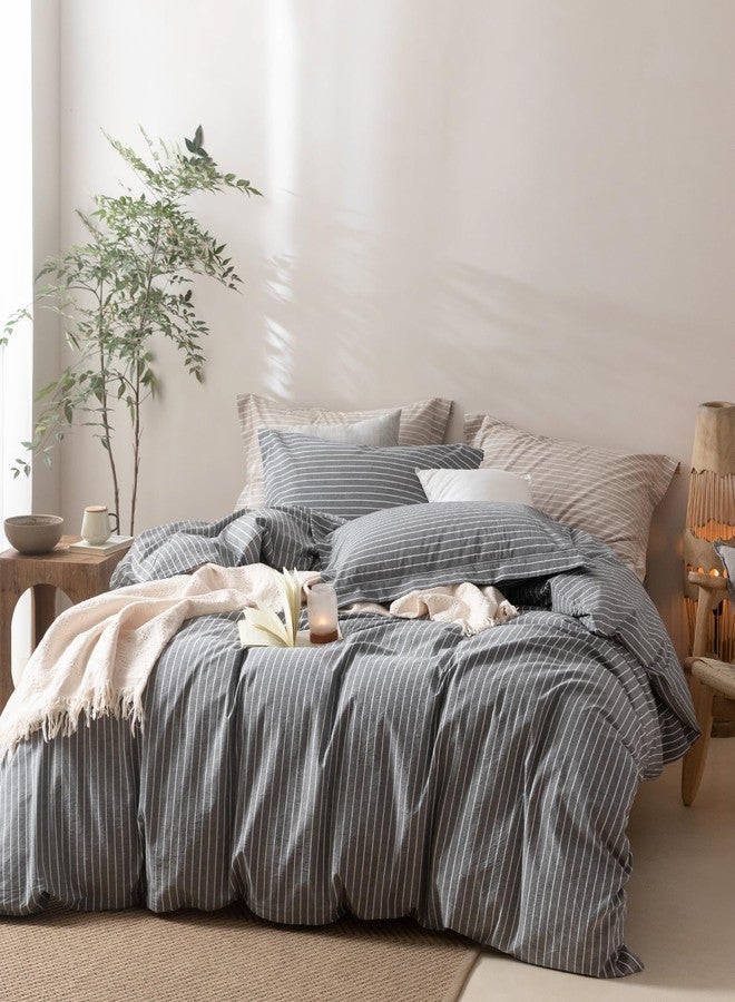 BDEAR Pinstripe Duvet Cover King Size 104x90in, 100% Washed Cotton Duvet Cover with Zipper Closure and 2 Pillowcases, Dark Grey-White Stripe - Image 1