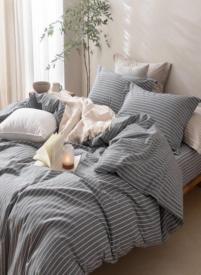 BDEAR Pinstripe Duvet Cover King Size 104x90in, 100% Washed Cotton Duvet Cover with Zipper Closure and 2 Pillowcases, Dark Grey-White Stripe - Image 2