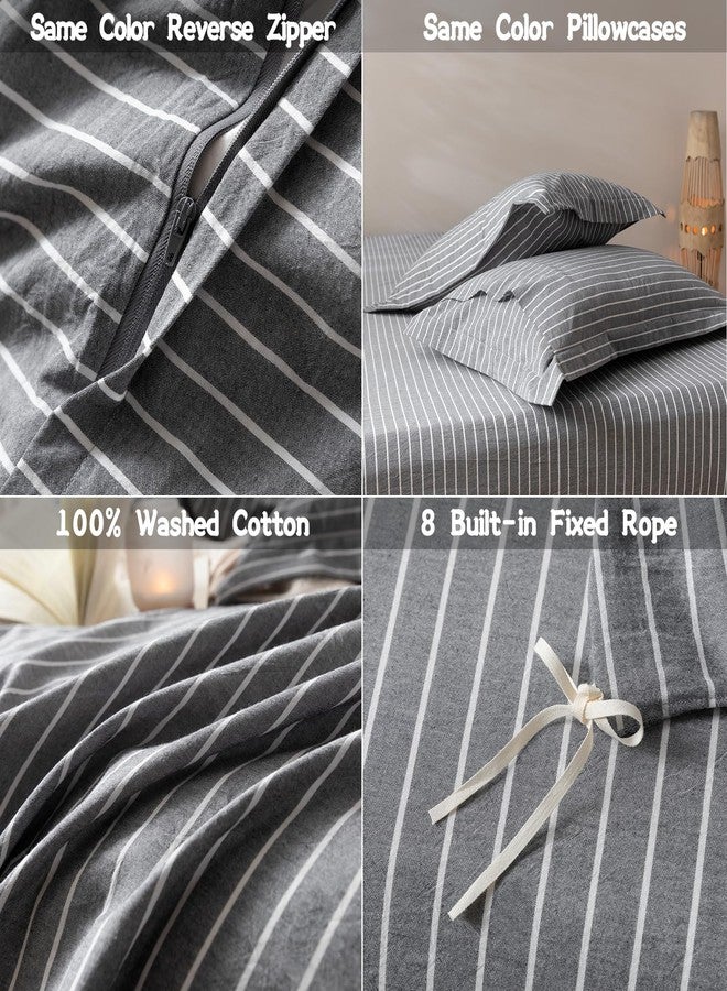 BDEAR Pinstripe Duvet Cover King Size 104x90in, 100% Washed Cotton Duvet Cover with Zipper Closure and 2 Pillowcases, Dark Grey-White Stripe - Image 5