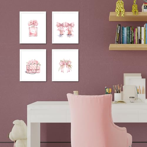 JINYO Coquette Pink Bow Perfume High Heels Package Wall Art Prints Set of 4, Preppy Girly Pink Wall Decor Posters Pictures for Girls Room Bathroom Apartment, 8x10 Unframed - Image 2