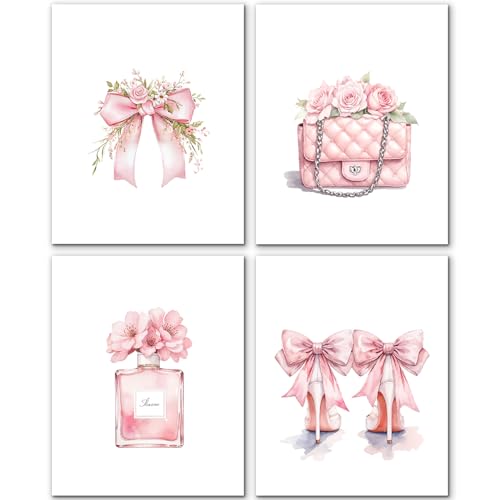 JINYO Coquette Pink Bow Perfume High Heels Package Wall Art Prints Set of 4, Preppy Girly Pink Wall Decor Posters Pictures for Girls Room Bathroom Apartment, 8x10 Unframed - Image 1