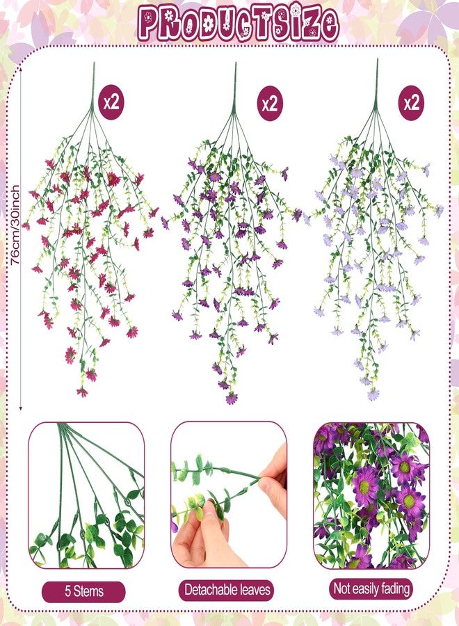 FineCheer 6 Pcs Spring Artificial Hanging Flowers Outdoor Faux Silk Mum Plant Decor Violet with Eucalyptus Realistic UV Resistant Trailing Vine Spring Porch Yard(Elegant Color,Chamomile) - Image 3