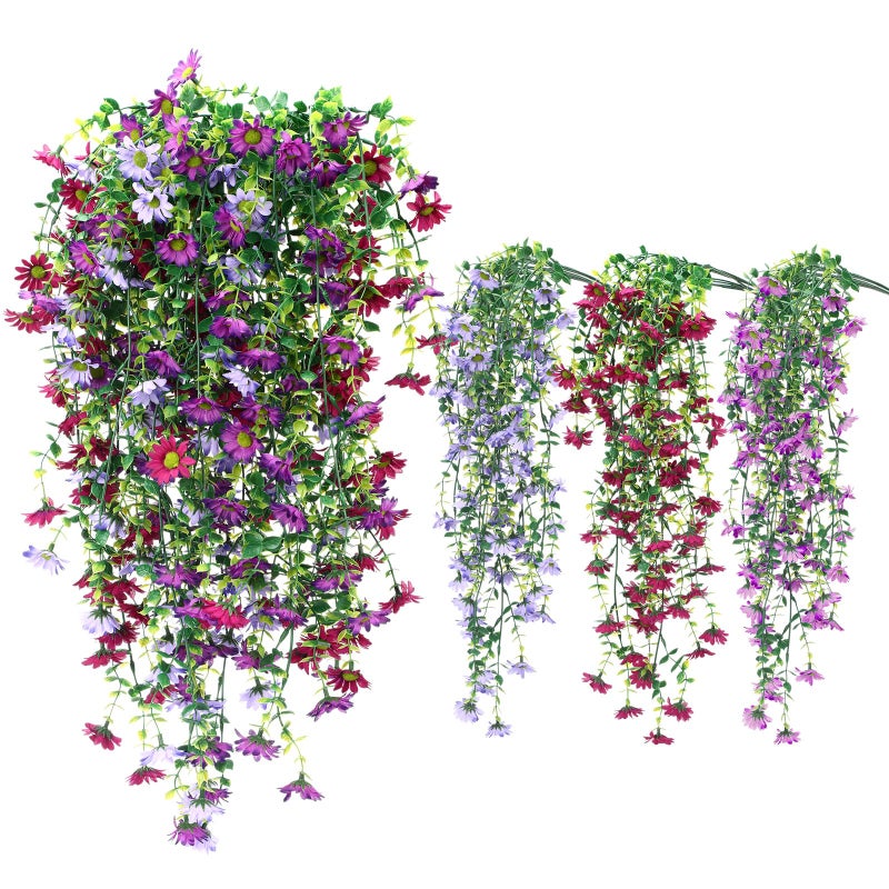 FineCheer 6 Pcs Spring Artificial Hanging Flowers Outdoor Faux Silk Mum Plant Decor Violet with Eucalyptus Realistic UV Resistant Trailing Vine Spring Porch Yard(Elegant Color,Chamomile) - Image 1