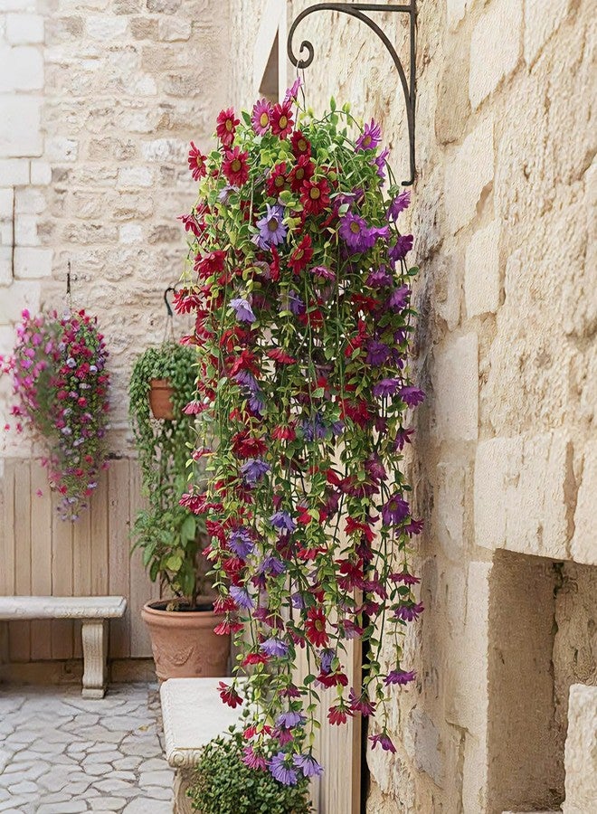 FineCheer 6 Pcs Spring Artificial Hanging Flowers Outdoor Faux Silk Mum Plant Decor Violet with Eucalyptus Realistic UV Resistant Trailing Vine Spring Porch Yard(Elegant Color,Chamomile) - Image 2