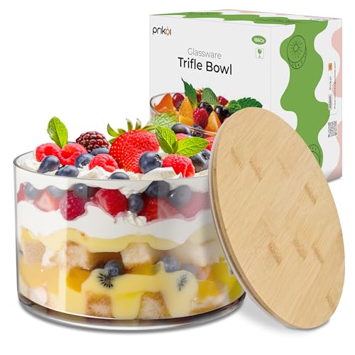 Prikoi 155oz Large Trifle Bowl with Lid, Modern Design Clear Glass for Salads, Dessert, Fruit, and Party Displays, 2025 Thickened Version - Image 1