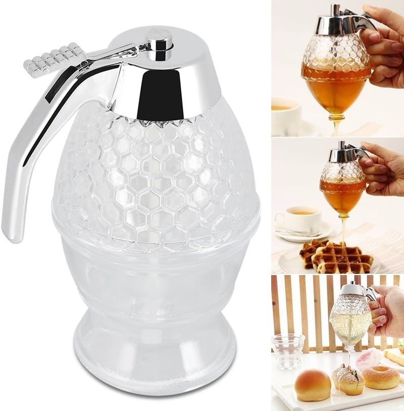 klarako Honey Dispenser, 200ml No Drip Glass Honey Container Acrylic Syrup Dispenser Honey Jar Pot with Stand for Home Kitchen Store and Dispense Honey Maple Syrup Sugar - Image 4