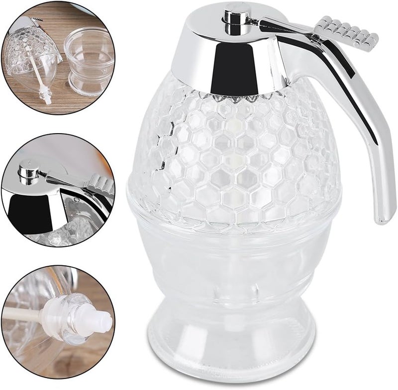 klarako Honey Dispenser, 200ml No Drip Glass Honey Container Acrylic Syrup Dispenser Honey Jar Pot with Stand for Home Kitchen Store and Dispense Honey Maple Syrup Sugar - Image 3