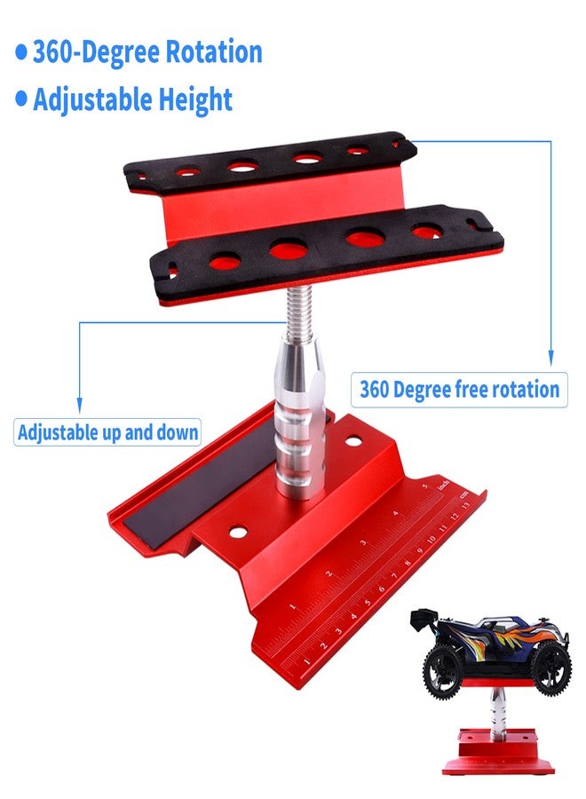 FriHobby RC Car Work Stand RC Tool Kit Repair Workstation Aluminum Alloy 360 Degree Rotate w/Screw Kit & Screw Tray, Wheel Wrench for 1/8 1/10 1/12 1/16 Scale Models Cars Trucks (Red) - Image 3