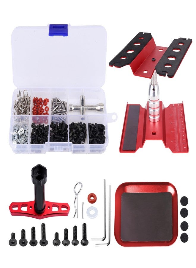 FriHobby RC Car Work Stand RC Tool Kit Repair Workstation Aluminum Alloy 360 Degree Rotate w/Screw Kit & Screw Tray, Wheel Wrench for 1/8 1/10 1/12 1/16 Scale Models Cars Trucks (Red) - Image 1