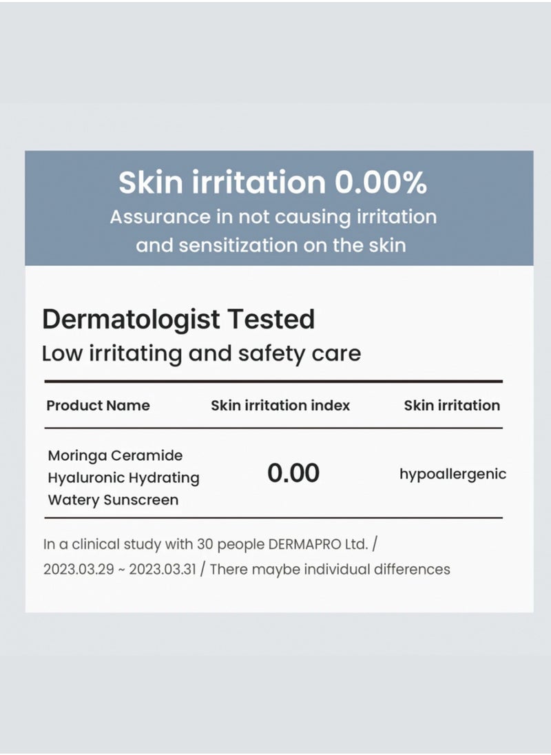 Moringa Ceramide Hyaluronic Hydrating Watery Sunscreen 50ml - Lightweight SPF Protection with Ceramides and Hyaluronic Acid - pzsku/ZF49E69C234DD4D2FAC5CZ/45/_/1723689488/da53a592-47bd-472a-b921-f958267172f4