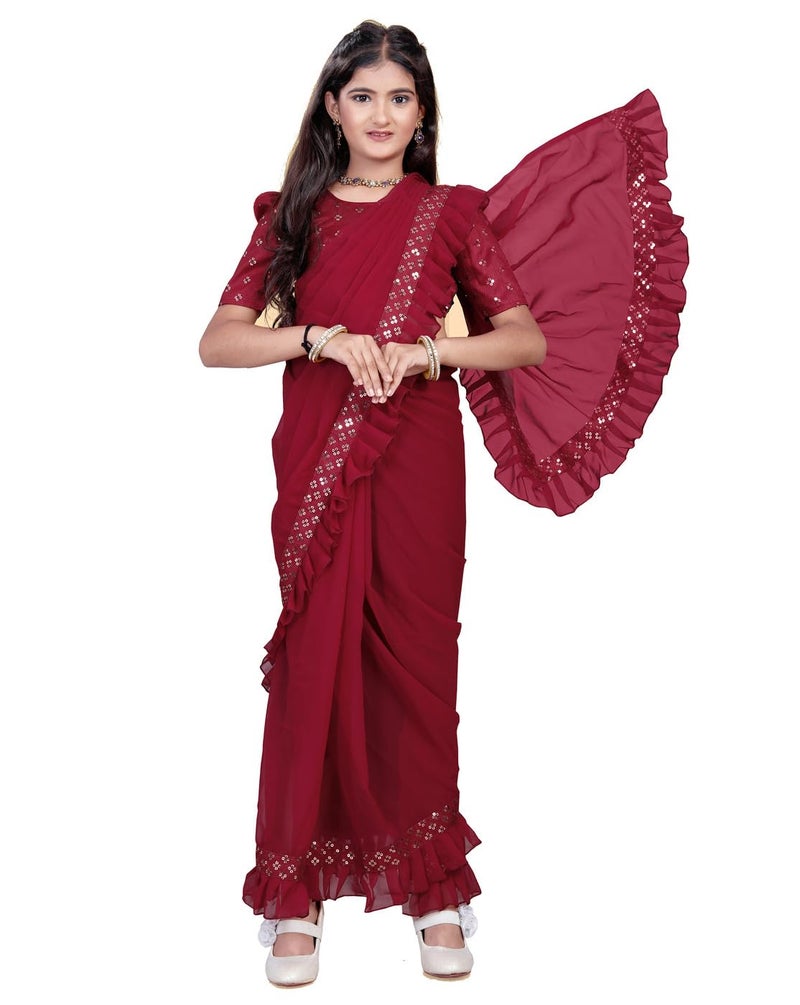 Xavima Kids Ethnic Wine Saree for Girls with Unstitched Blouse | Floral Embroidered Ready to Wear Saree | Lightweight Traditional Dress for Festive (Maroon 4-5 Years) - Image 1