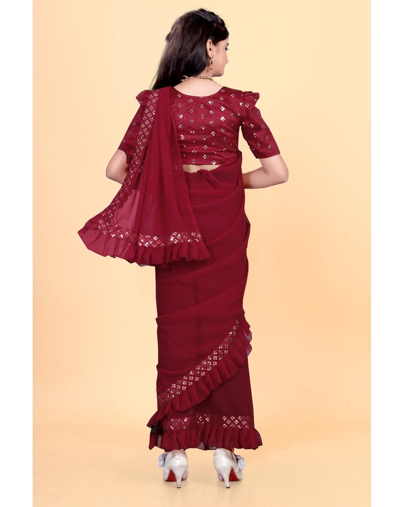 Xavima Kids Ethnic Wine Saree for Girls with Unstitched Blouse | Floral Embroidered Ready to Wear Saree | Lightweight Traditional Dress for Festive (Maroon 4-5 Years) - Image 3