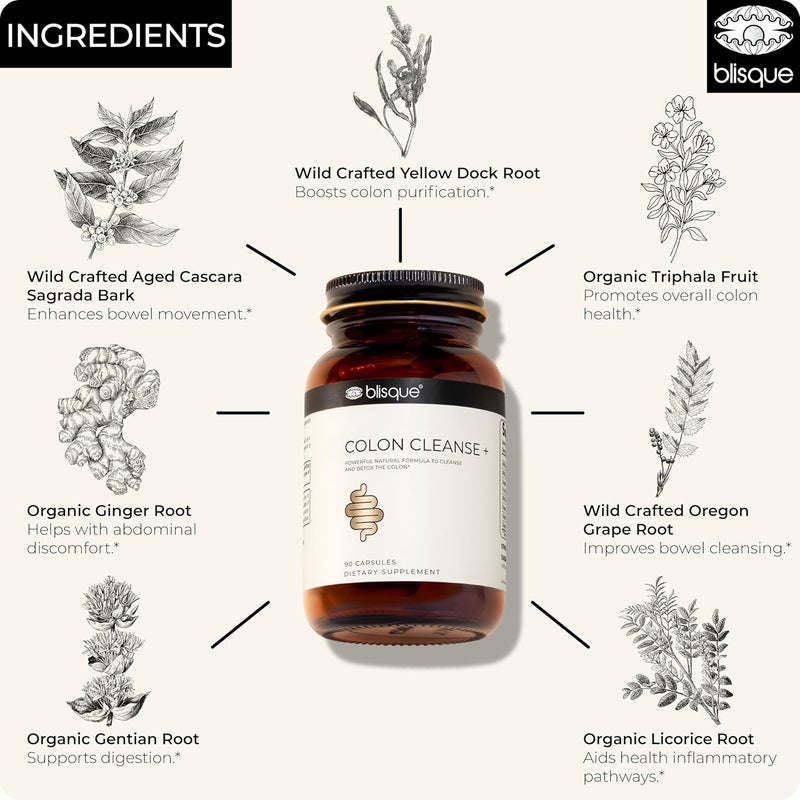 Blisque  Natural Colon Cleanse Supplement for Detox Constipation Relief Stool Softener and Digestive Health  with Aged Cascara Sagrada Bark  90 Capsules  Vegan and NonGMO - Image 4