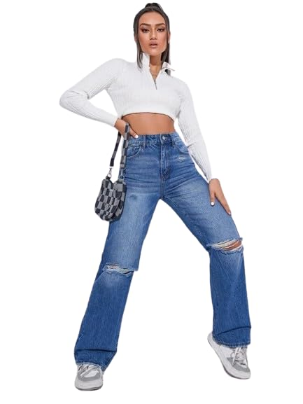 YAGNAPURUSH Women's & Girls Solid Ripped Denim High Waist Wide Leg Jeans Pants (Dark Blue, 28) - Image 3