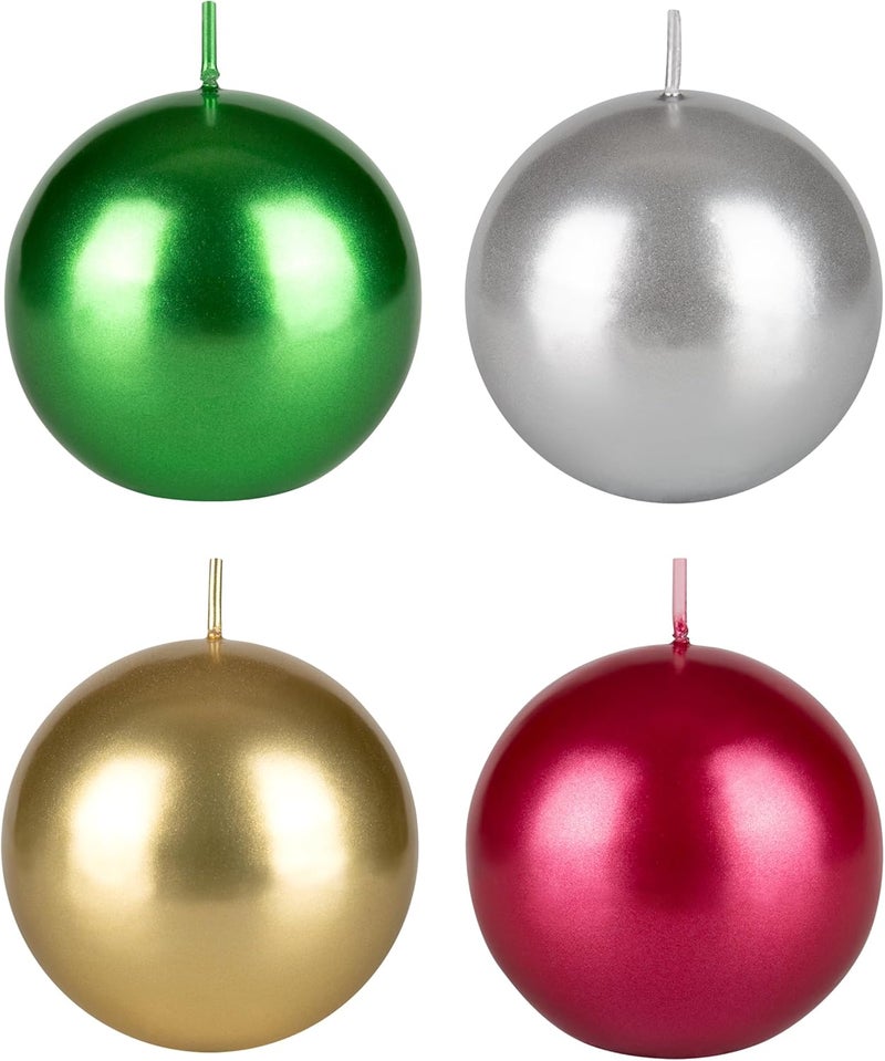 Mega Candles Set of 4 Unscented 3 Inch x 3 Inch Metallic Round Ball Candles, Holidays, Seasonal, Festivities, Devotional, Church, Wreath, Party, Gifts - Image 1