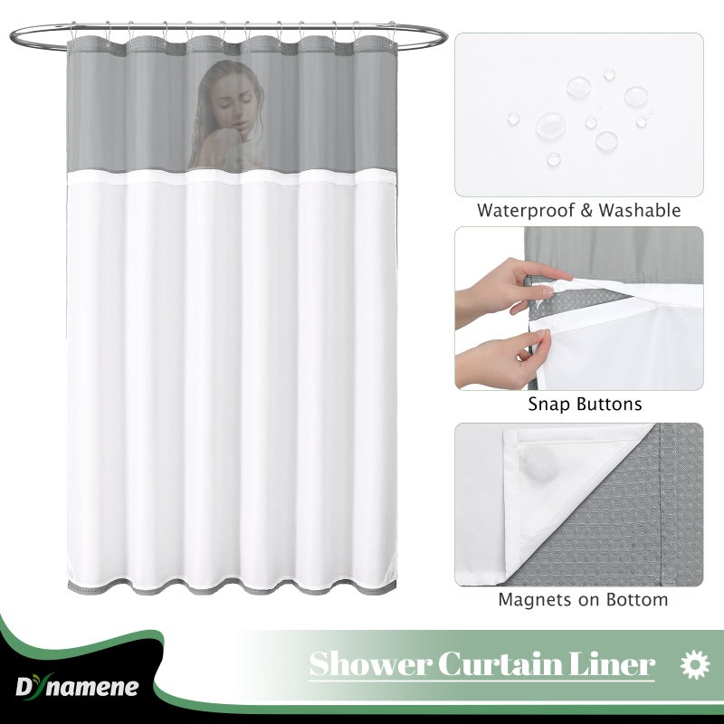 Dynamene ستارة دش النسيج Dynamene مع Snap in Liner Gray Waffle Hotel Stertains for Bathroom قابلة للغسل مقاومة للماء الستار الستار بطانة مع خطافات بلاستيكية شبكية أعلى نافذة 72x72 رمادية - Image 2