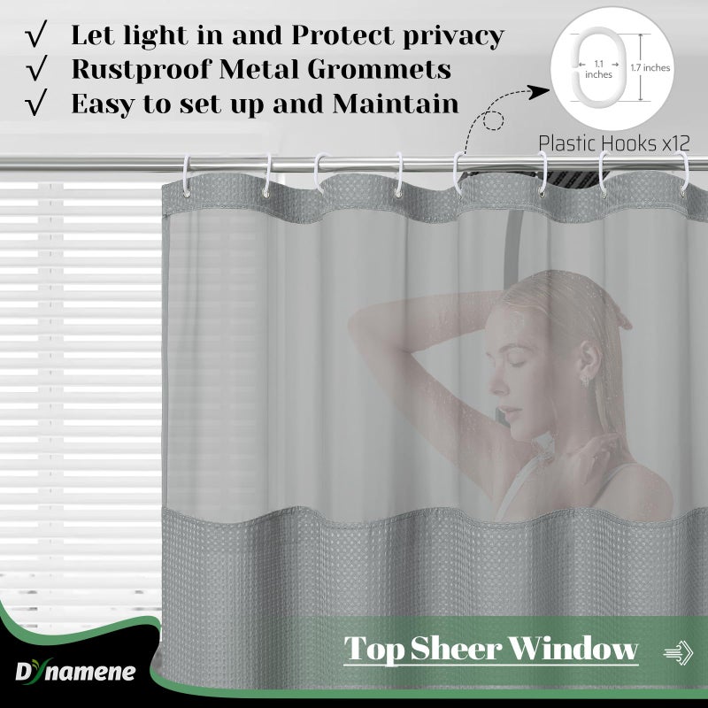 Dynamene ستارة دش النسيج Dynamene مع Snap in Liner Gray Waffle Hotel Stertains for Bathroom قابلة للغسل مقاومة للماء الستار الستار بطانة مع خطافات بلاستيكية شبكية أعلى نافذة 72x72 رمادية - Image 3