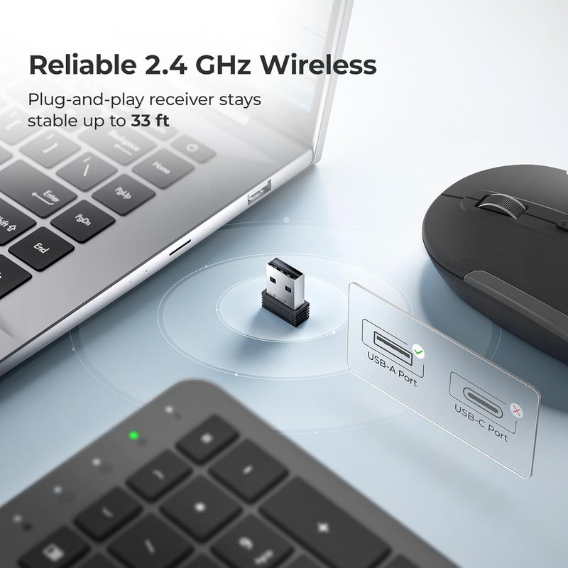 iClever مجموعة لوحة المفاتيح والماوس اللاسلكية GK08، لوحة مفاتيح لاسلكية قابلة لإعادة الشحن بتصميم مريح كامل الحجم مع لوحة أرقام، اتصال مستقر 2.4G لأجهزة الكمبيوتر بنظام ويندوز وماك أو إس، باللون الأسود - Image 5
