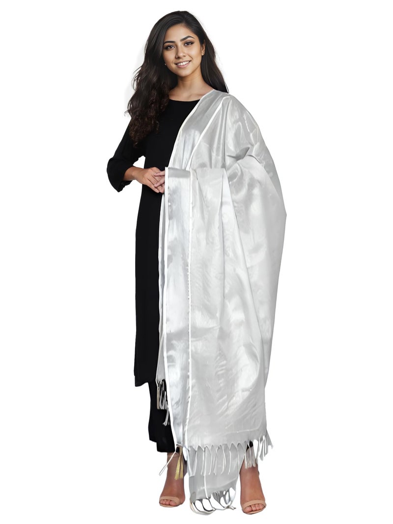 Fashily Women's Kerala Kasavu Off White Cotton Dupatta Length 2.2M | Width 46 Inches (Silver Kasavu) - Image 1