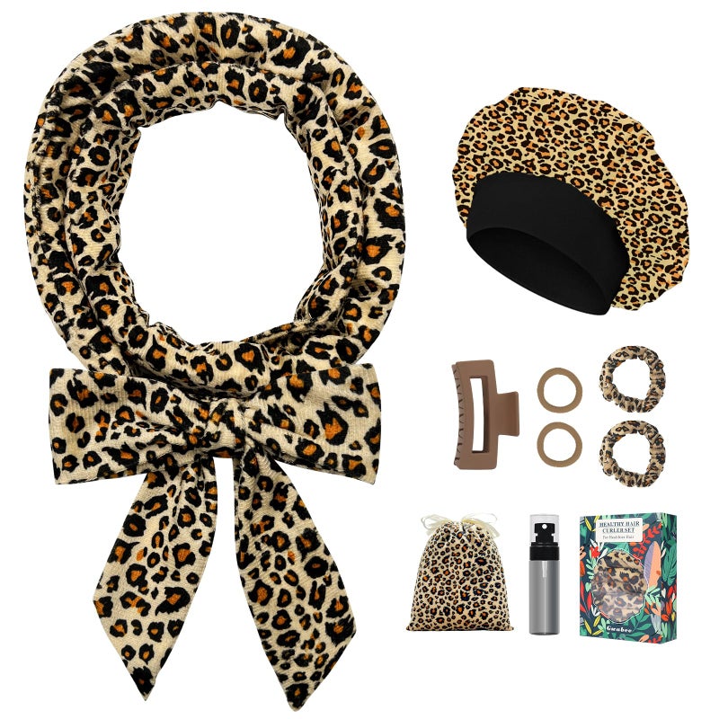 Gwabee No Heat Overnight Curl Headband - 70" Soft Ribbon Wrap for Long Hair, 9 PCS Curling Rods Set - Leopard Print Curls Headband - Image 1