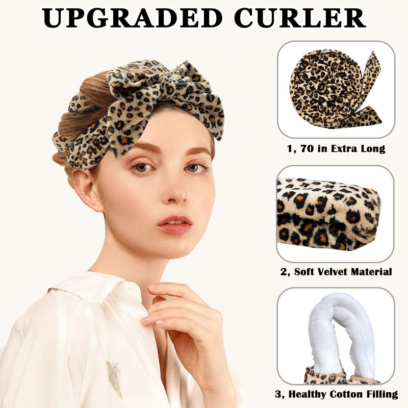 Gwabee No Heat Overnight Curl Headband - 70" Soft Ribbon Wrap for Long Hair, 9 PCS Curling Rods Set - Leopard Print Curls Headband - Image 3