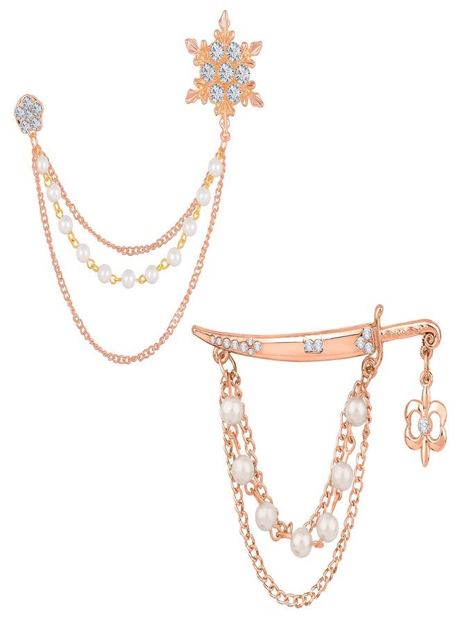 Mahi Combo of Sword and Snow Flake Shaped Layered Chains Wedding Brooch with White Crystals, Artificial Pearls for Men (CO1105494Z) - Image 5