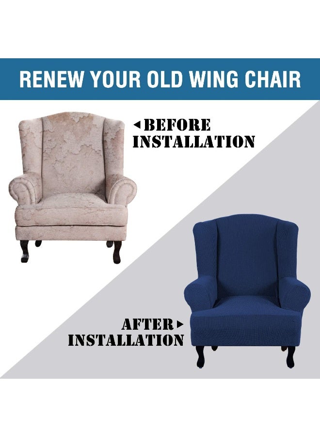 H.VERSAILTEX HVERSAILTEX Wing Chair Slipcover Chair Covers for Wingback Chairs Wingback Chair Covers Slipcovers 1 Piece Stretch Sofa Cover Furniture Protector Soft Spandex Jacquard Checked Pattern Navy - Image 3