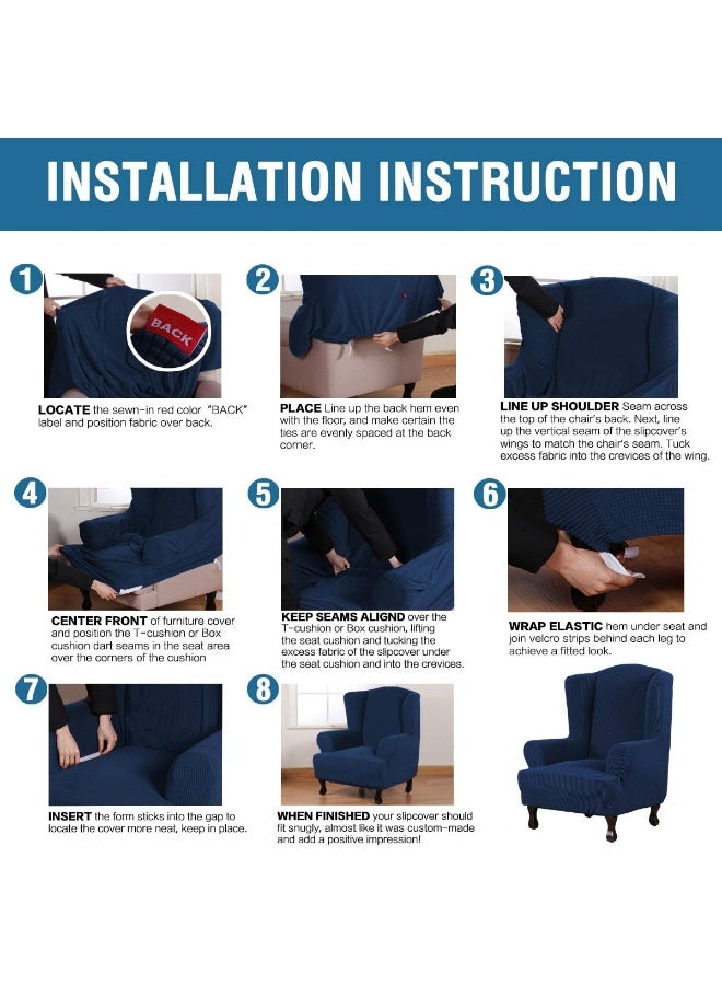 H.VERSAILTEX HVERSAILTEX Wing Chair Slipcover Chair Covers for Wingback Chairs Wingback Chair Covers Slipcovers 1 Piece Stretch Sofa Cover Furniture Protector Soft Spandex Jacquard Checked Pattern Navy - Image 5