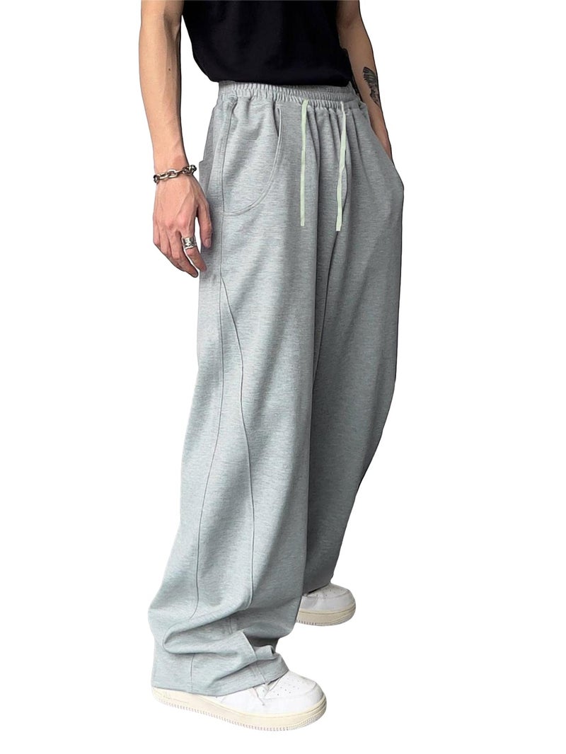 OYOANGLE Men's Drawstring Elastic Waist Baggy Sweatpants Y2K Loose Wide Leg Long Pants with Pocket Light Grey M - Image 1