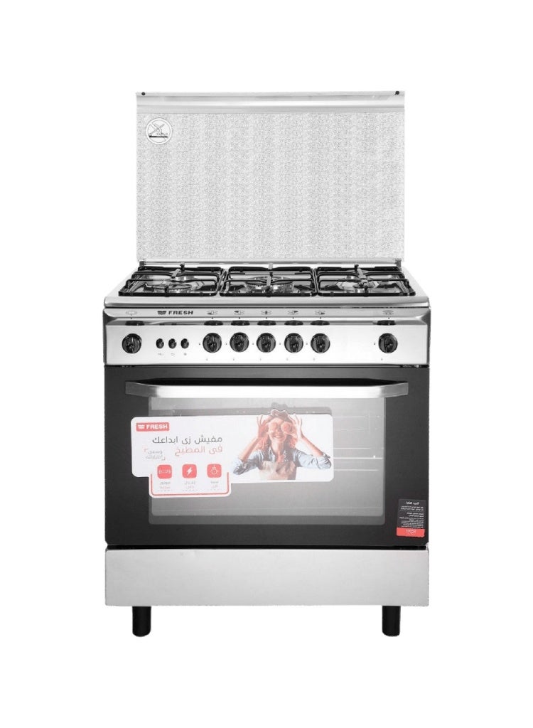 Fresh Italiano 80x55 cm Gas Cooker - 5 Stainless Steel Burners with Glass Lid + Auto Ignition + Timer | Model 500016607