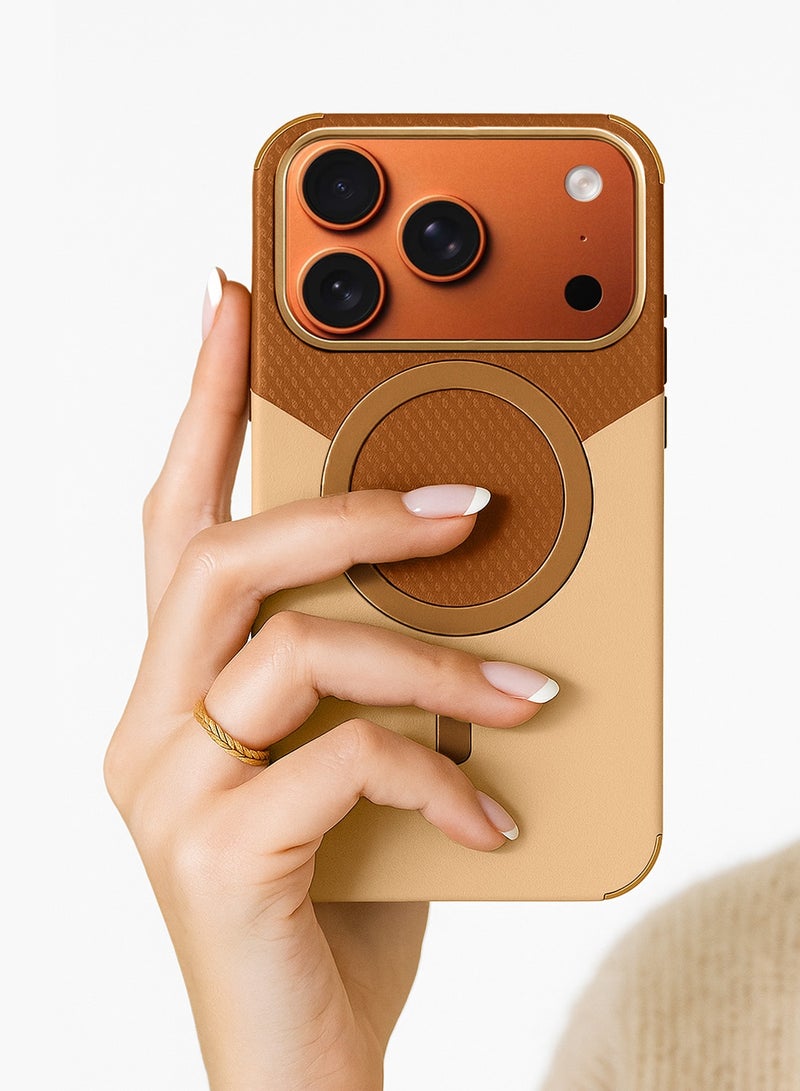 دبليو تيك غطاء حماية مغناطيسي Magsafe من الجلد الفاخر باللونين لهاتف آيفون 17 برو ماكس 5G 2025 (MCMPMN) - بني/ذهبي - Image 3