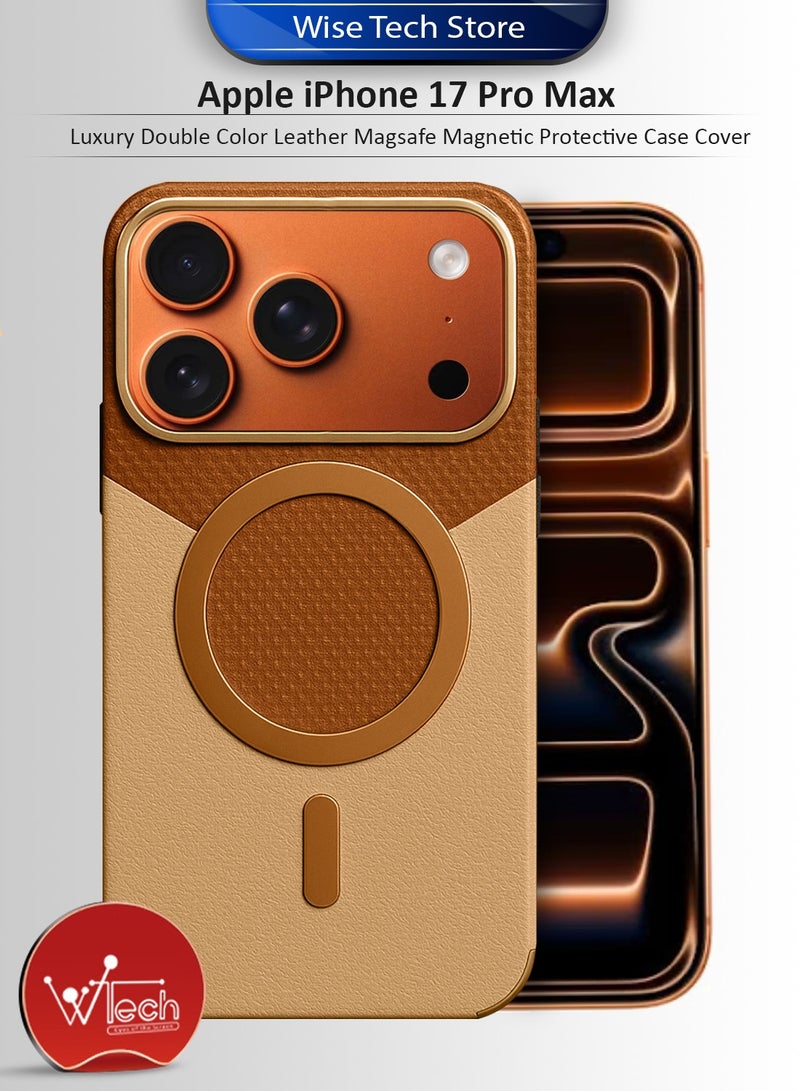 دبليو تيك غطاء حماية مغناطيسي Magsafe من الجلد الفاخر باللونين لهاتف آيفون 17 برو ماكس 5G 2025 (MCMPMN) - بني/ذهبي - Image 1