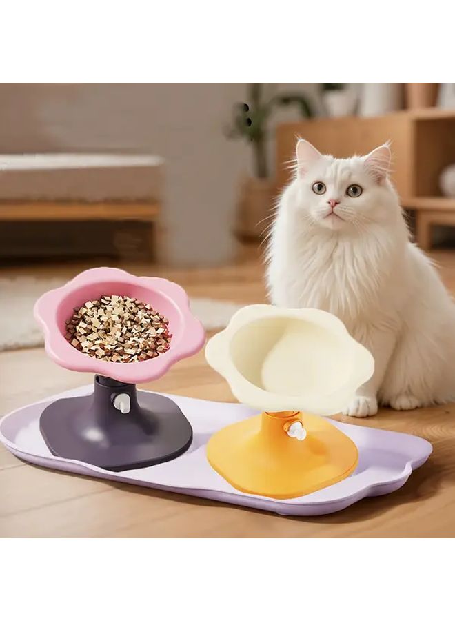 Adjustable Height Cat Bowl Yellow Flowers Anti Tip Spill Proof Elevated Pet Food Dish - Image 1