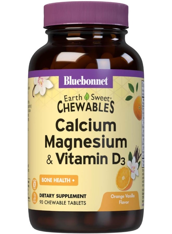 Bluebonnet Nutrition Calcium Magnesium Plus Vitamin D3 Earthsweet, Bone Health & Muscle Relaxation, Soy-Free, Gluten-Free, Kosher, Dairy-Free, 90 Orange Vanilla Flavored Chewable Tablets - Image 1