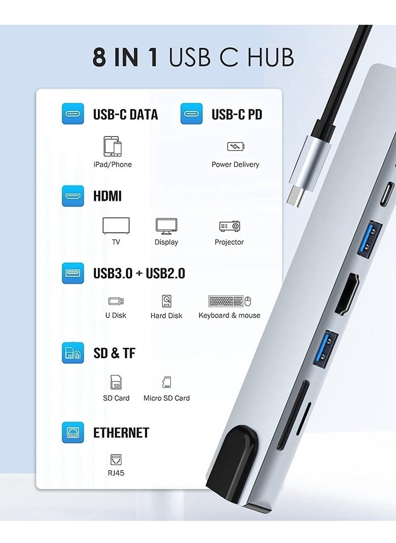 Generic - USB C Hub, 8 in 1 Type-C Hub Multiport Adapter with 4K HDMI, PD Power Delivery, USB-C, Ethernet, 2 USB, SD/TF Card Reader Compatible with Mac Book Pro XPS and More Type-C Devices - Image 1