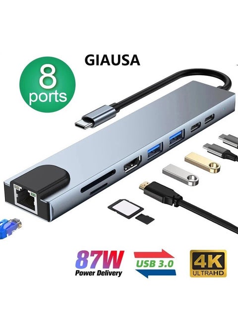 USB C Hub, 8 in 1 Type-C Hub Multiport Adapter with 4K HDMI, PD Power Delivery, USB-C, Ethernet, 2 USB, SD/TF Card Reader Compatible with Mac Book Pro XPS and More Type-C Devices