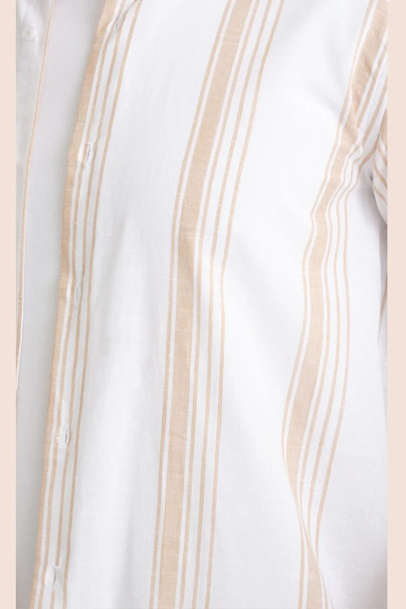 Varetta Men's White Tan Striped No Pocket Linen Effect Wide Cut Long Sleeve Shirt