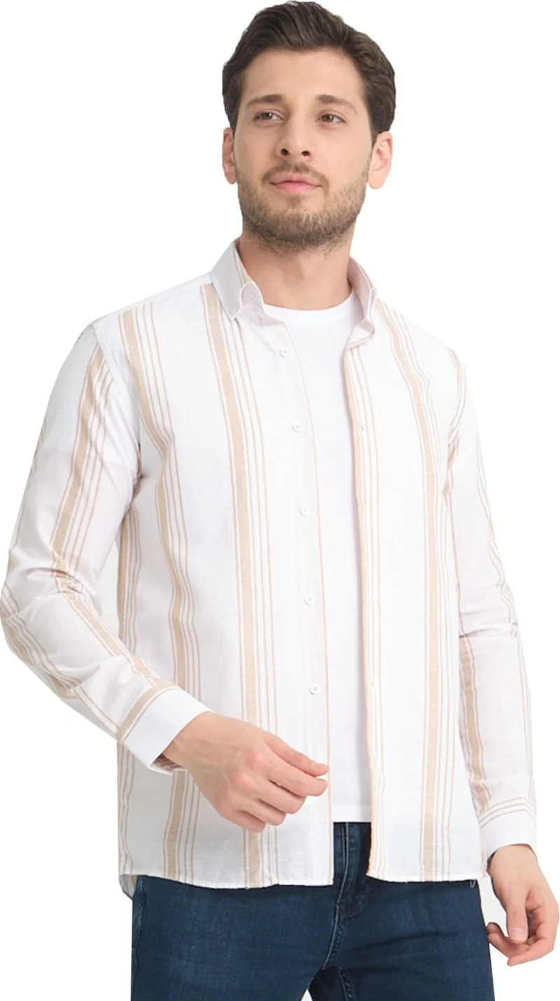 Varetta Men's White Tan Striped No Pocket Linen Effect Wide Cut Long Sleeve Shirt