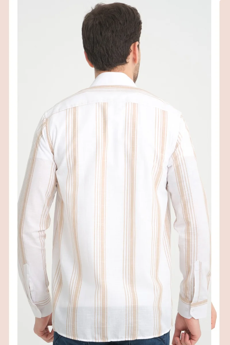 Varetta Men's White Tan Striped No Pocket Linen Effect Wide Cut Long Sleeve Shirt