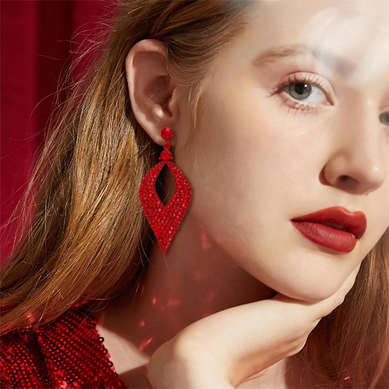 BriLove Bohemian Boho Dangle Earrings for Women Crystal Hollow Leaf Chandelier Jewelry Ruby Color Red-Silver tone - Image 2