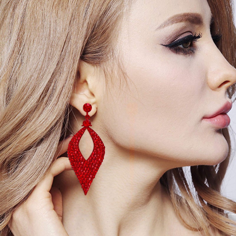 BriLove Bohemian Boho Dangle Earrings for Women Crystal Hollow Leaf Chandelier Jewelry Ruby Color Red-Silver tone - Image 3