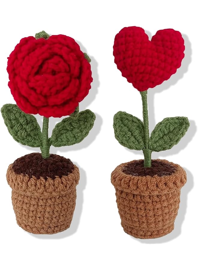 إيروريكس باقة ورد كروشيه على شكل قلب أحمر مصنوعة يدويًا من الكروشيه وزهور صناعية محبوكة وزهور مكتب صناعية للحمام والمطبخ والمنزل وقطعة مركزية للطاولة الريفية وديكور لعيد الحب قطعتان - Image 1