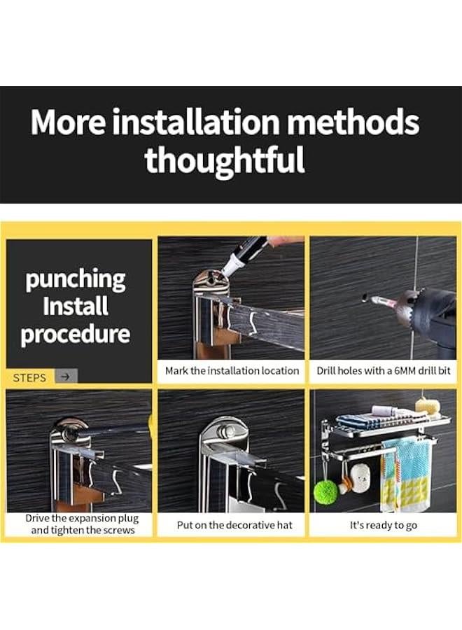 رف مناشف 60 سم مع حامل منشفة من بورتالوف، رف منشفة قابل للطي مع خطافات متحركة، حامل مناشف مقاوم للصدا يثبت على الحائط للحمام والمرحاض - Image 3