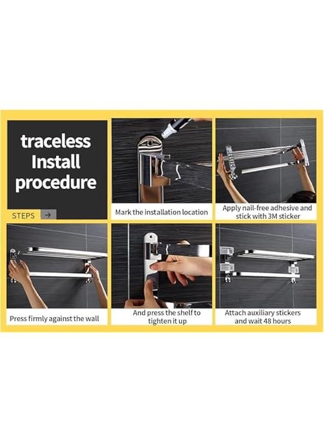 رف مناشف 60 سم مع حامل منشفة من بورتالوف، رف منشفة قابل للطي مع خطافات متحركة، حامل مناشف مقاوم للصدا يثبت على الحائط للحمام والمرحاض - Image 4