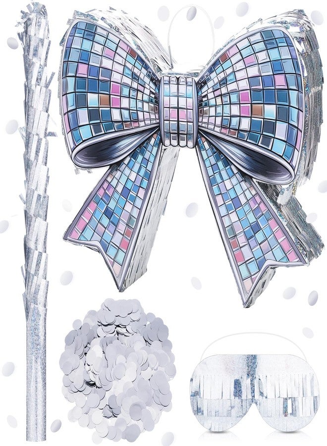 Arrowbash Disco Shiny Bow Piñata Set 15 Inch Glossy Sparkling Bow Piñata with Bat Blindfold and Confetti for Birthday Wedding Decorations Christmas Holiday Disco Party Supplies - Image 1