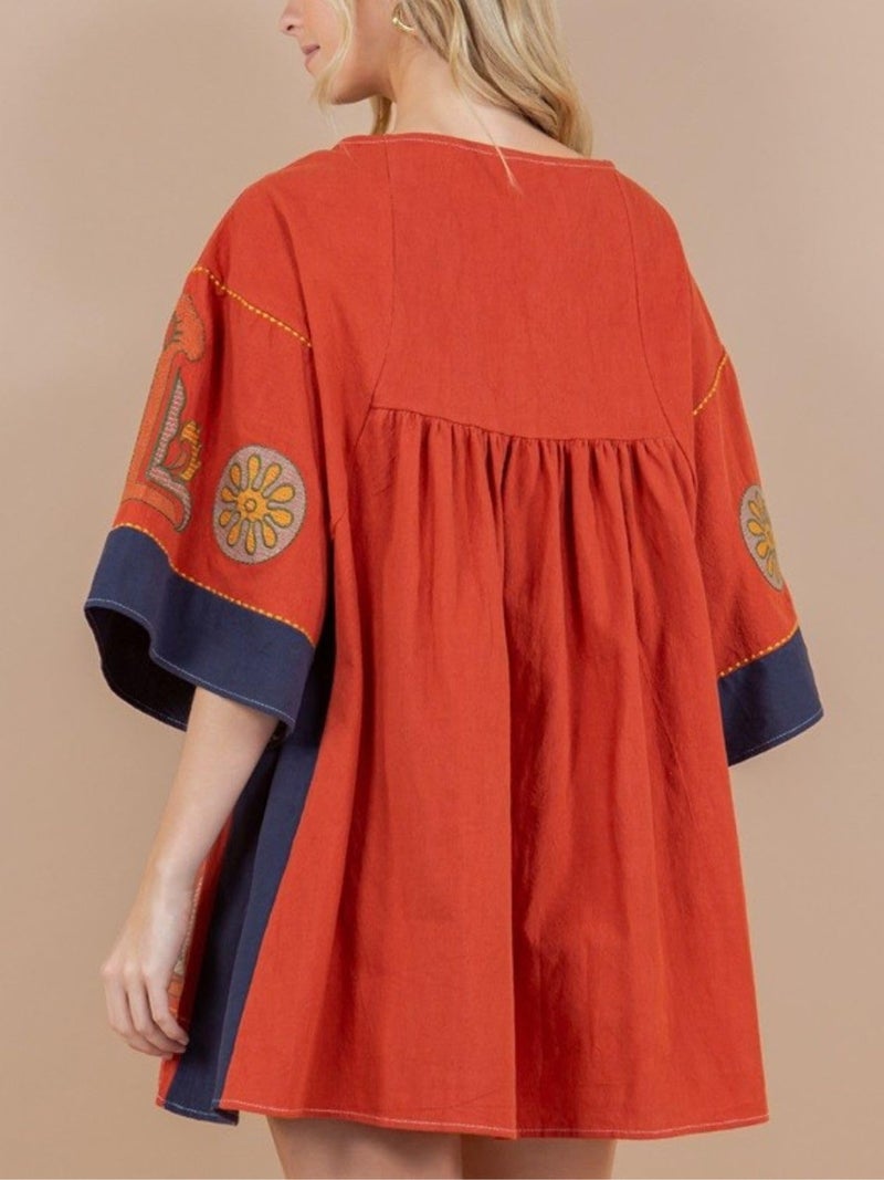 Joiemont Womens Oversized Embroidered Dress with V-Neck and 3/4 Sleeves Vintage Embroidery Babydoll Dress(0603-RustRed-M) - Image 2