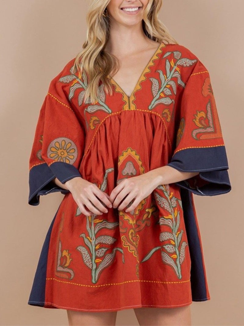Joiemont Womens Oversized Embroidered Dress with V-Neck and 3/4 Sleeves Vintage Embroidery Babydoll Dress(0603-RustRed-M) - Image 4