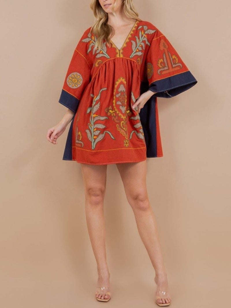 Joiemont Womens Oversized Embroidered Dress with V-Neck and 3/4 Sleeves Vintage Embroidery Babydoll Dress(0603-RustRed-M) - Image 5