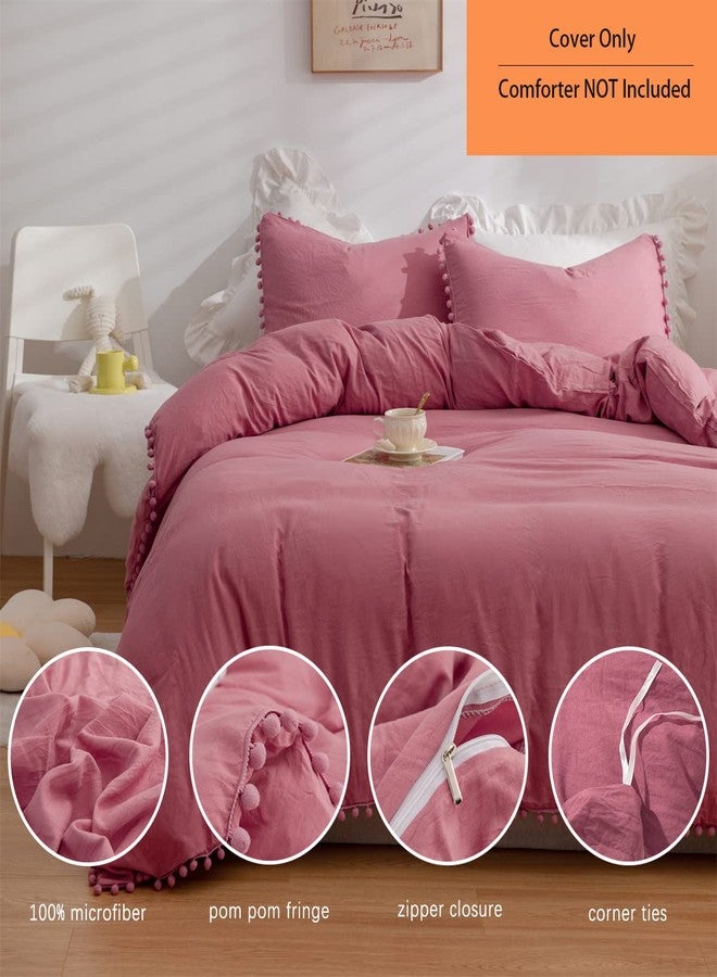 IHOUSTRIY Kid's Duvet Cover Twin Size,100% Washed Microfiber 2pcs Girl Bedding Duvet Cover Set, Pom Poms Fringe Solid Color Soft and Breathable with Zipper Closure & Corner Ties (Dusty Rose, Twin) - Image 2