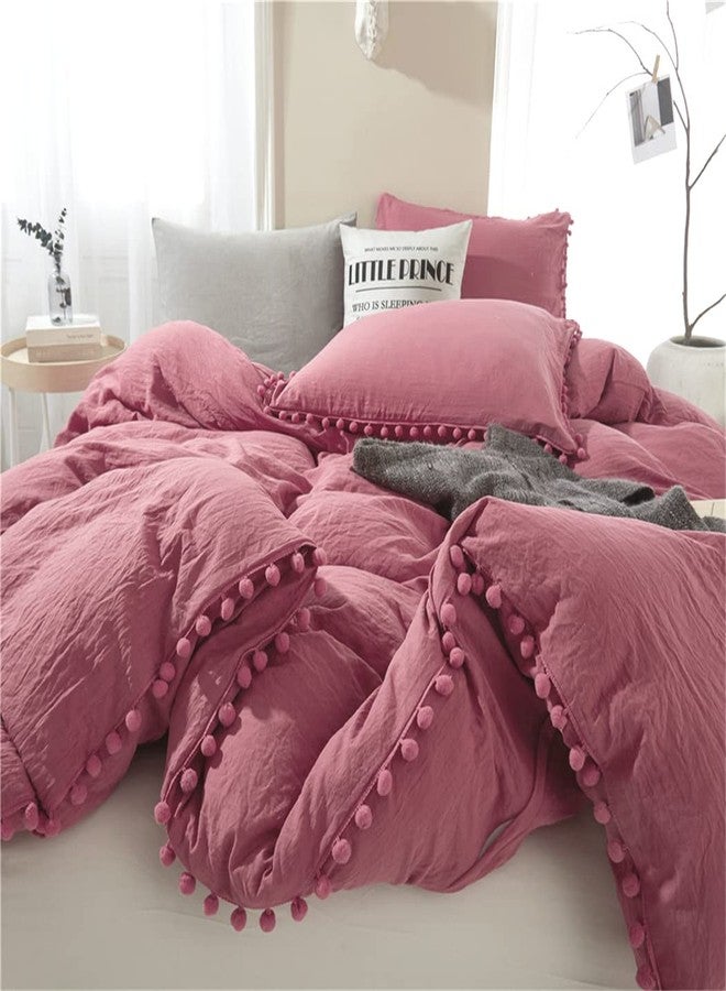 IHOUSTRIY Kid's Duvet Cover Twin Size,100% Washed Microfiber 2pcs Girl Bedding Duvet Cover Set, Pom Poms Fringe Solid Color Soft and Breathable with Zipper Closure & Corner Ties (Dusty Rose, Twin) - Image 1